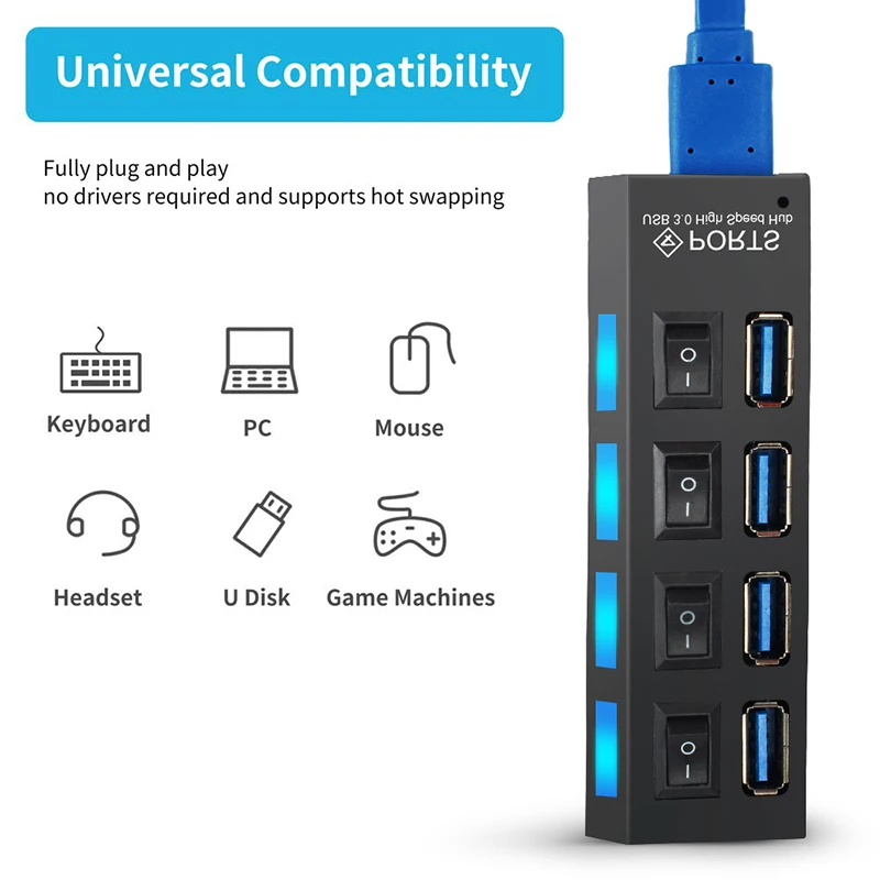 USB 3,0 концентратор 2,0 концентратор Мульти USB разветвитель 4/7 порт расширитель несколько USB 3 Hab с адаптером питания USB3.0 концентратор с переключателем для ПК