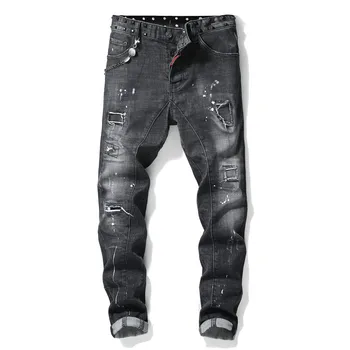 

European American Style famous brand Men's slim jeans patchwork straight zipper jeans pants black punk style brand jeans for men