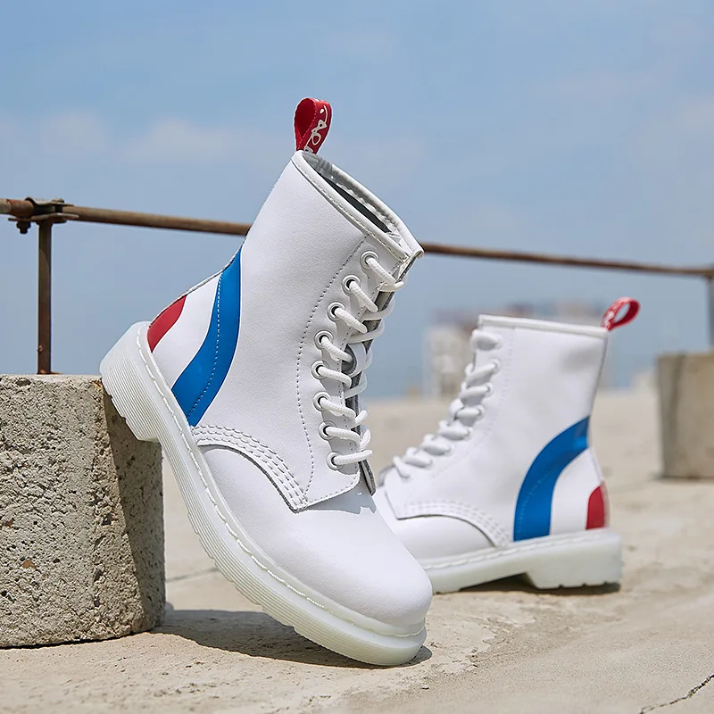

2019 New Rainbow Genuine Leather Women's Boots Autumn Winter White Platform Casual Women Shoes Fashion Trend Color Martin Boots