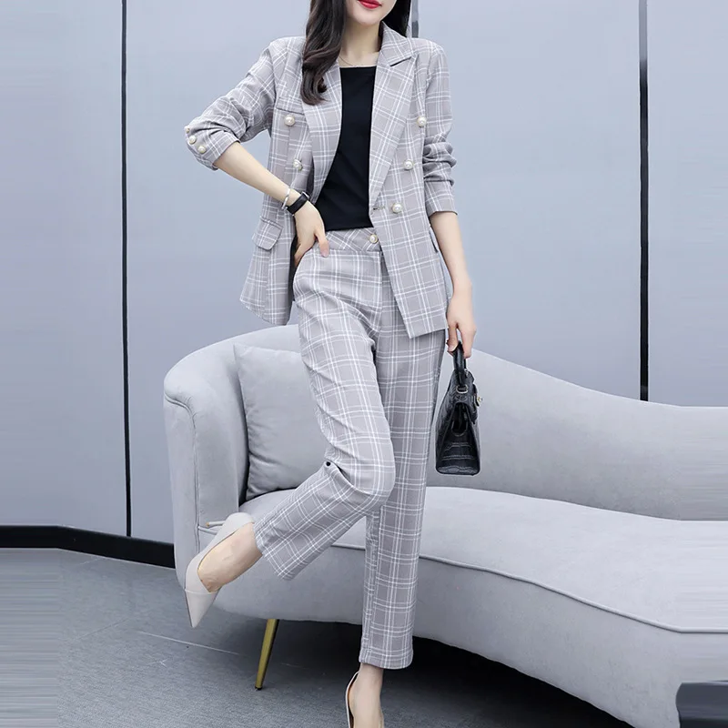 

Two-piece women's autumn new loose slimming suit office ladies plaid nine points straight pants temperament 2 piece set women