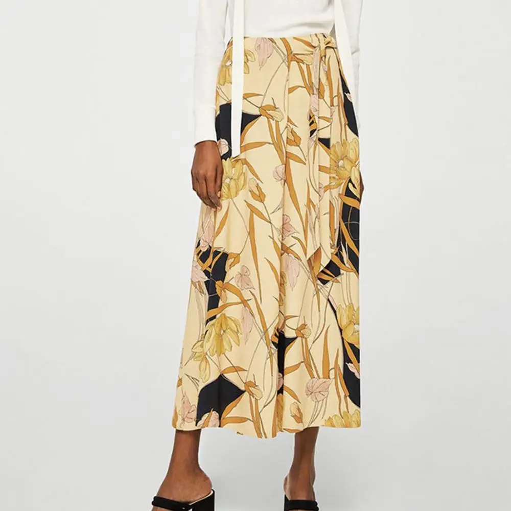 

Wide leg ninth pants women unequal leg-width leafs and flower pattern bow knot waist belt casual loose trousers femme chic lady