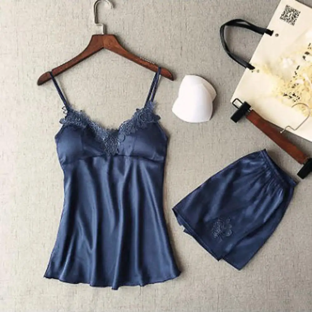 Women's Sleepwear Sexy Satin Sleepwear Set Black Lace V-Neck Pyjamas Sleeveless Cute Cami Top and Short pijama mujer S-XL Women's Sleepwear Sexy Satin Sleepwear Set Black Lace V-Neck Pyjamas Sleeveless Cute Cami Top and Short pijama mujer S-XL