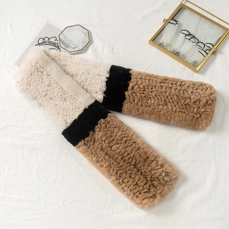 Lantafe Scarf Women Rabbit Fur Scarf Real Fur Stitching Color Protect Neck Keep Warm Winter Fashion Ladies Scarf