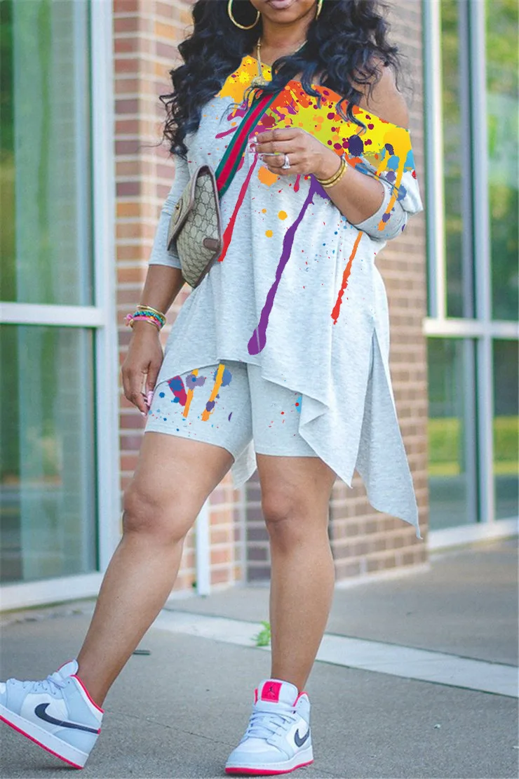 ChocoMist  Two Piece Street Splash Ink Print Asymmetrical Solid Two Piece Shorts Set crop top and skirt set