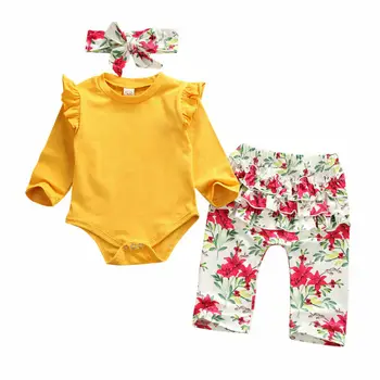 

Newborn Baby Girl Tops Autumn Long Sleeve Ruffles Bodysuit Floral Print Pants Headband Outfit Clothes 3Pcs
