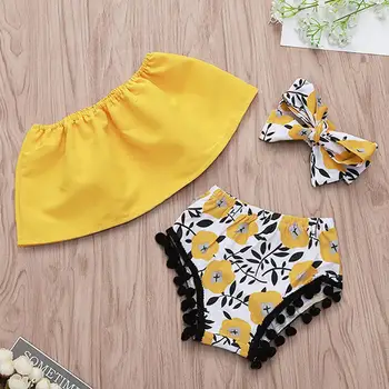 

3Pcs/Set Summer Newborn Baby Girl Outfit Off Shoulder Top Sunflower Pompom Shorts with Headband 0-18M