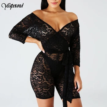 

Summer Playsuit Women Slim Sexy V Neck Shorts Romper Woman Sheer Lace Casual Short Oveall Feminino Wiht Belt