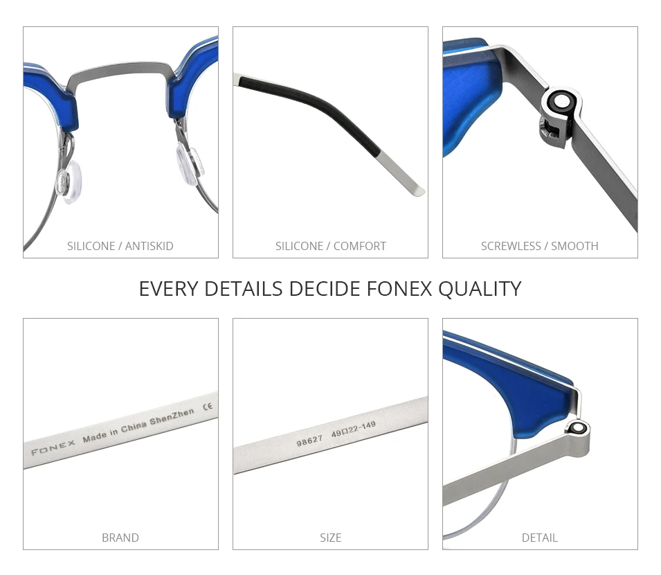 FONEX Acetatlegierung Brillengestell Herren Neues Markendesign Runde Brillen Damen Ultraleicht Schraubenlos Morten Japanische Brillen 98627 – Detail 4