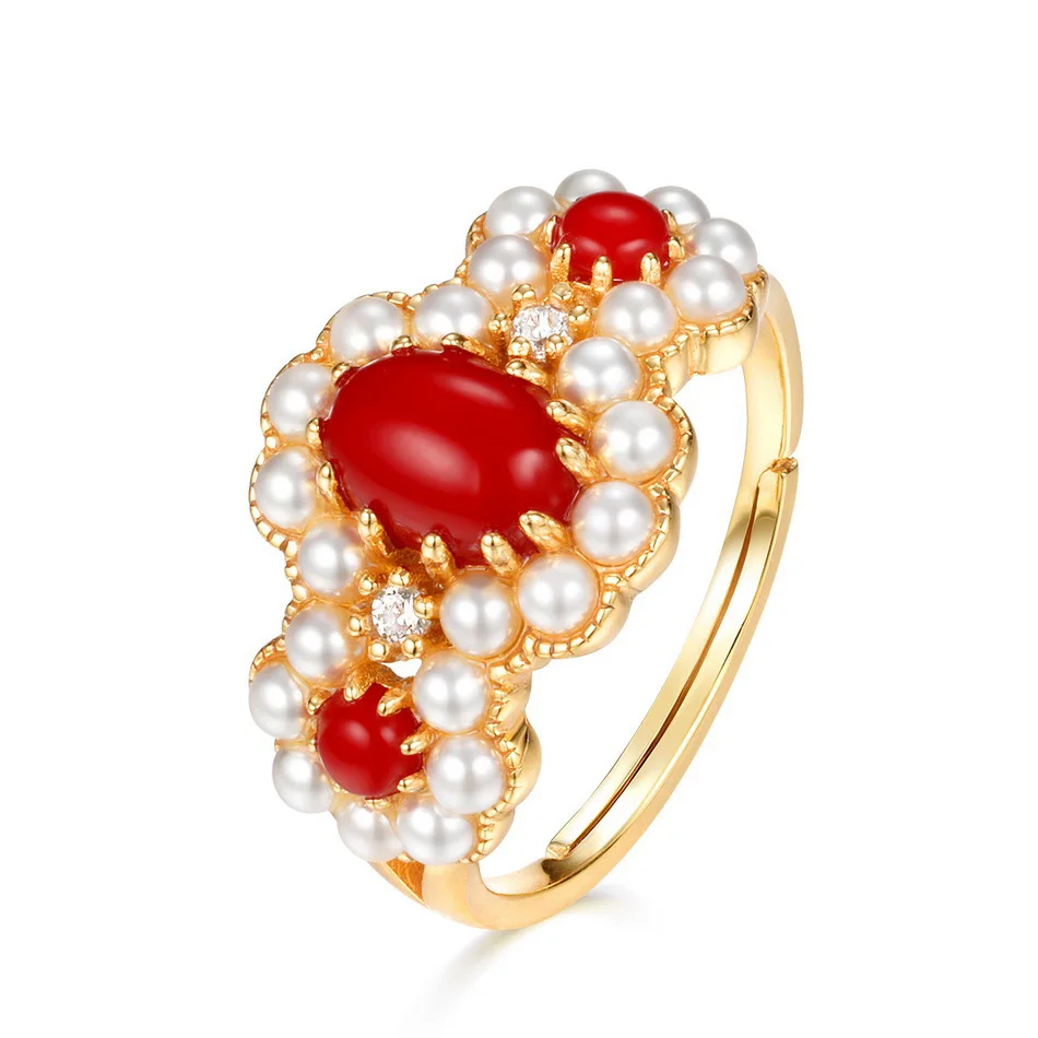 

Luxury Gorgeous Flower Coral Pearl Crystal 925 Sterling Silver Rings for Women Female Upscale Fancy Gemstone Bands Jewelry Gift