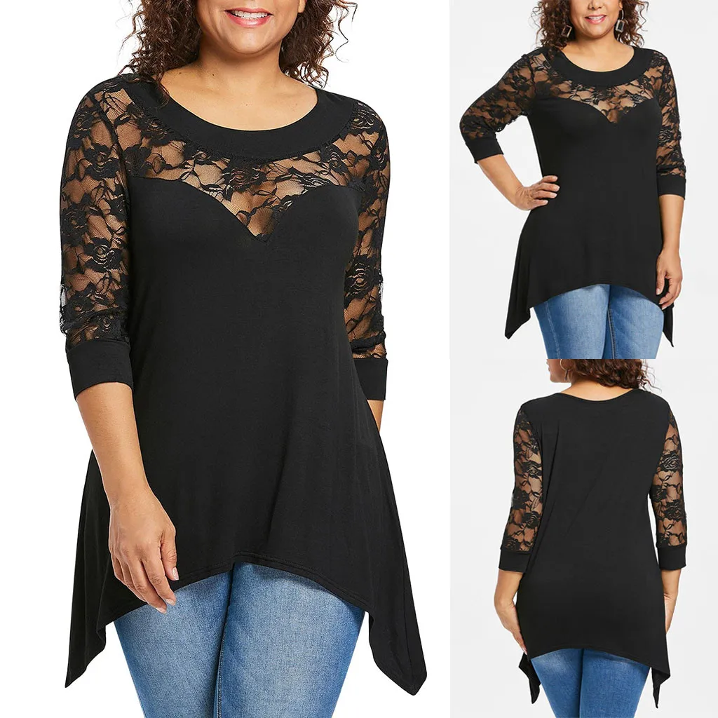 TELOTUNY Plus Size Fashion Women Lace Shoulder Three Quarter Sleeve O-Neck Tee Tops Ladies Shirt Casual Autumn Female Blouse 809
