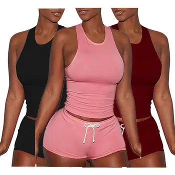 

2020 Women Casual Sleeveless Sport Bodycon Vest Club Tights Bodysuit +Drawstring Short Pants