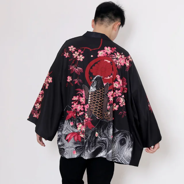 Black Kimono Cardigan Women Men Japanese Obi Male Yukata Men's Haori Japanese Wave Carp Print Coat Traditional Japan Clothes New 4796-black