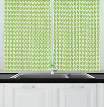 

Lime Green White Botanical Kitchen Curtains Simplistic Layout Garden Leaves Branches Herbs Plain Background Window Drapes
