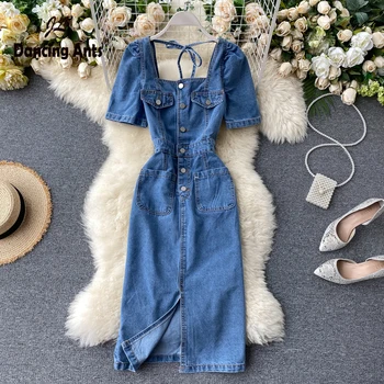 

Women Skinny Denim Dress Square Collar Short Sleeve Single Breasted Slim Dress 2020 Summer Female Vintage Pockets Split Dresses