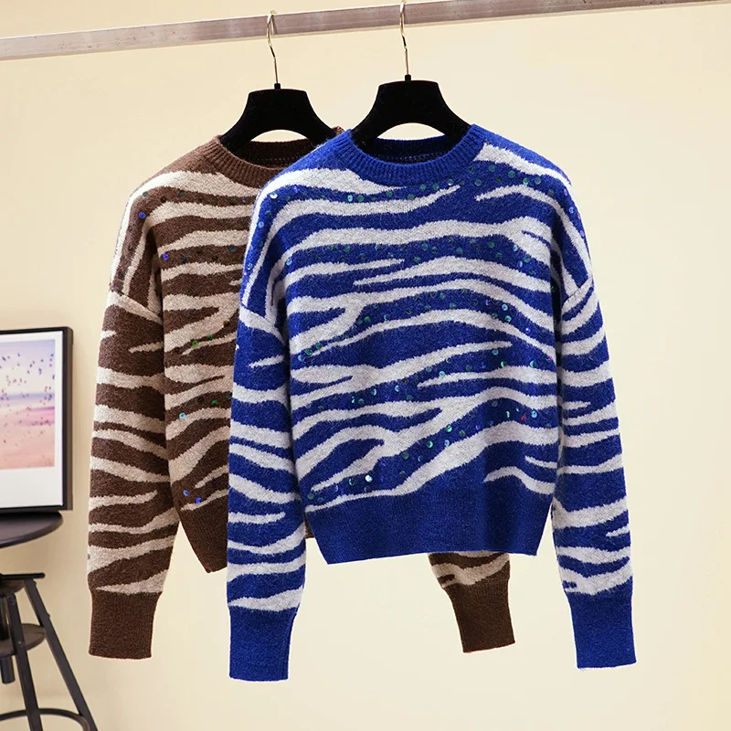 

Xisteps Sequined Thcik Zebra Pattern Warm Knitted Women Sweater Pullover Female Autumn Winter 2020 Loose Stripe Jumper Tops
