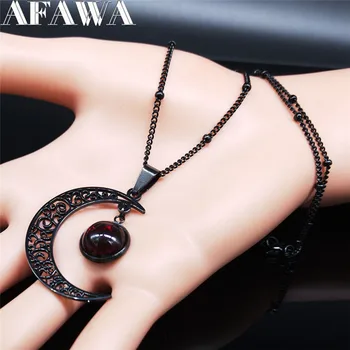 2020 Moon Stainless Steel Women Necklace Black Color Necklace and Red Class Bead Necklace Chain Jewelry collier femme N1130S03