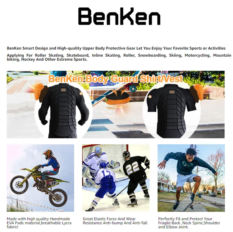 BenKen Chemise Protectrice Équipement Protection pour Ski Snowboard Moto  Enduro, Veste de Protection Réglable Homme Femme(Long Sleeve)