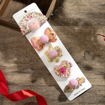 

5pcs/Set Baby Cherry Bow Ribbon Floral Hair Clips Girls Plush Ball Felt Red Lace Sector Leaf Gold-plated Hair Clips Hairpins