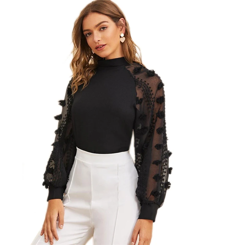 SHEIN черная однотонная Элегантная блузка с контрастным сетчатым рукавом, женские топы, весенние корейские офисные женские блузки и топы со стоячим воротником