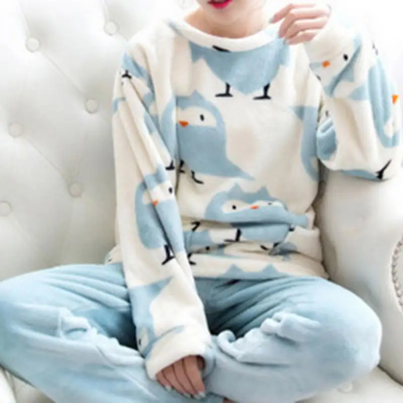 ZITY 2020 Winter Pajama Women Korean Sleepwear Cute Cartoon Flannel Pajamas Set Velvet Warm Pijama Round Neck Pyjama | Женская одежда