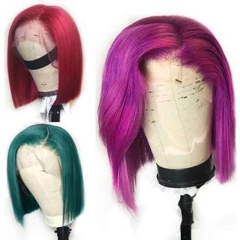 

Straight Colored Short Bob Lace Front Wig Red Burgundy 99J Green Light Purple Pink Brazilian Remy Human Hair Wig For Black Women