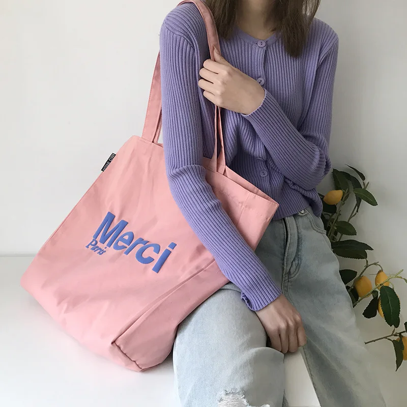 Women Canvas Shoulder Bags 3D French Print Grocery Shopping Bag