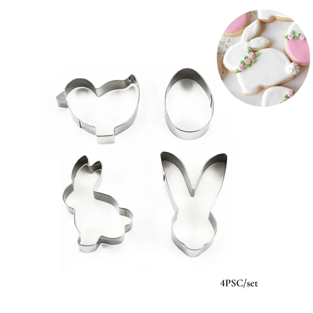 

4pcs Stainless Steel Cookie Biscuit Mold Cutters 3D Bunny Rabbit Mould Cake Pendant Kitchen Baking Tools for Easter Decoration