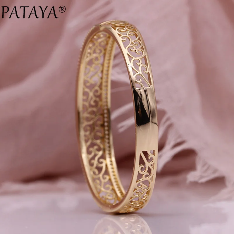 PATAYA New Hollow Bangles 585 Rose Gold Natural Zircon Women Bangles Carving Pattern Wedding Luxury Fine Classic Fashion Jewelry