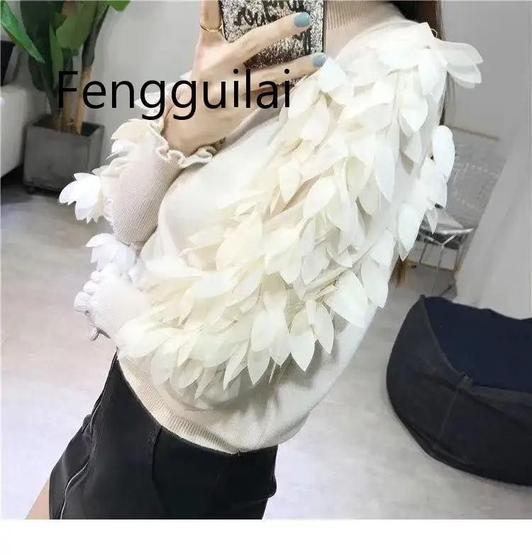 

FENGGUILAI Ruffled Collar Knitted Women Sweater Spring Autumn Loose Jumper Fashion Flowers Sleeves Sweater Pullover Femme Pull