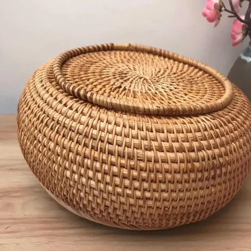 LUDA Rattan Weave Food Container Storage Box Handmade Organizer Kitchen Breathable Cans with Lid