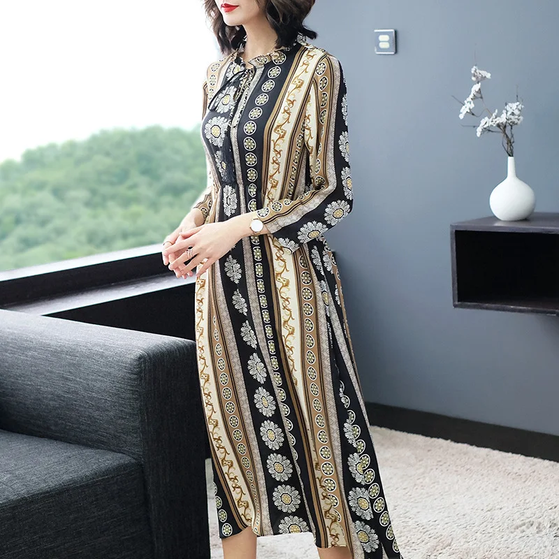 

black white golden striped floral silk dresses women 2020 summer long casual office work beach party dress plus size dropship