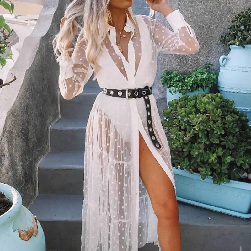 

Women's Stylish Polka Dot Patchwork Transparent Midi Shirt Dress Long Sleeve Female Chic Sexy Mesh Dresses
