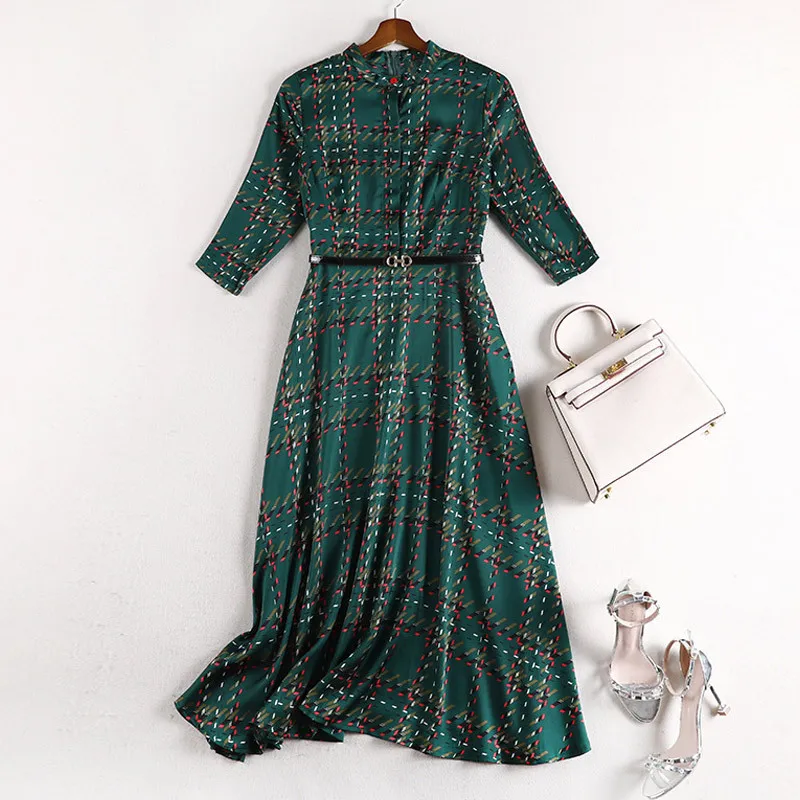 

Women's Dress Fashion Elegant Green Plaid Dress Dresses High Waist A-Line Casual Long Chiffon Summer Autumn Dress With Belt 5XL