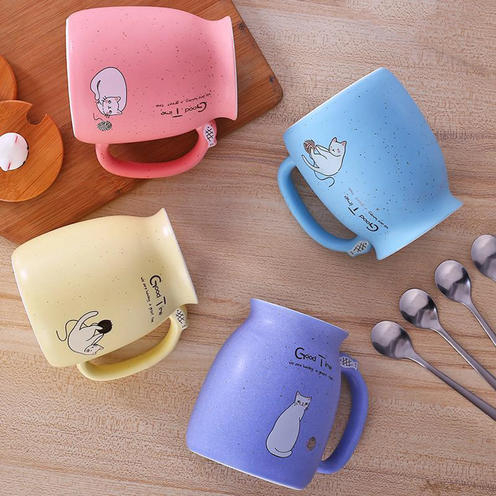 Cute Cat Ceramic Cup Hot Cold Tea Cup Milk Coffee Mug with Spoon Lid Pink