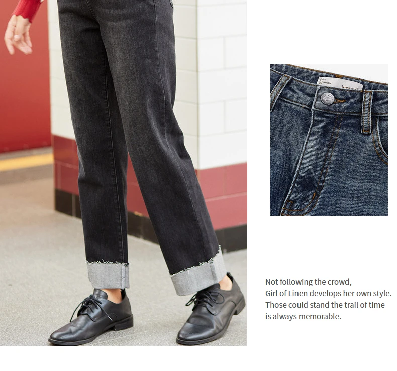 INMAN 2020 Autumn Winter New Arrival Jeans Loose Classic Simple Washed Mid-waist Raw-edged Cuffs Denim Cropped Pants