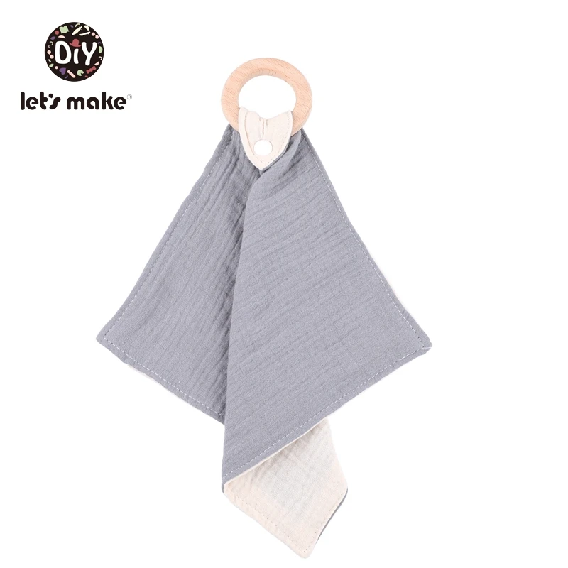 gray Let's Make/1 шт., хлопковые детские слюнявчики, одноцветные, на кнопках, мягкое треугольное полотенце с деревянным грызуном, слюнявчик для кормления - Цвет: gray
