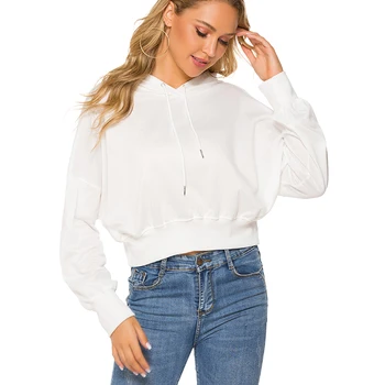 

Solid Color Long Sleeve Drop Shoulder O Neck Loose Short Pullover Hoodies Spring And Autumn Ladies Fashion Hooded