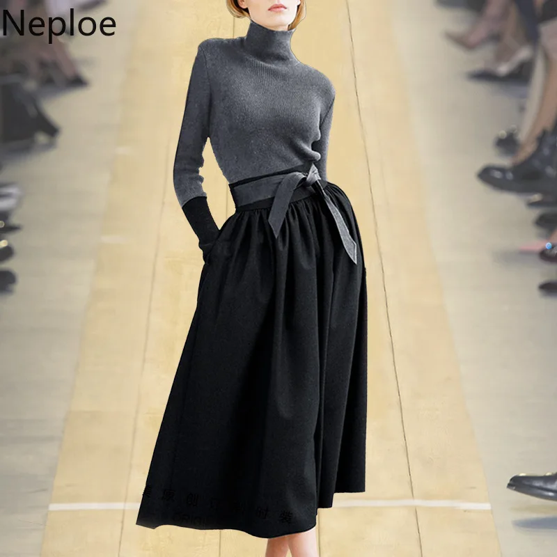 

Neploe Occident Fashion 2 Piece Women Set Turtleneck Skinny Knit Sweater + Slim Waist Bow Cloak Skirt Autumn Winter Set 45839
