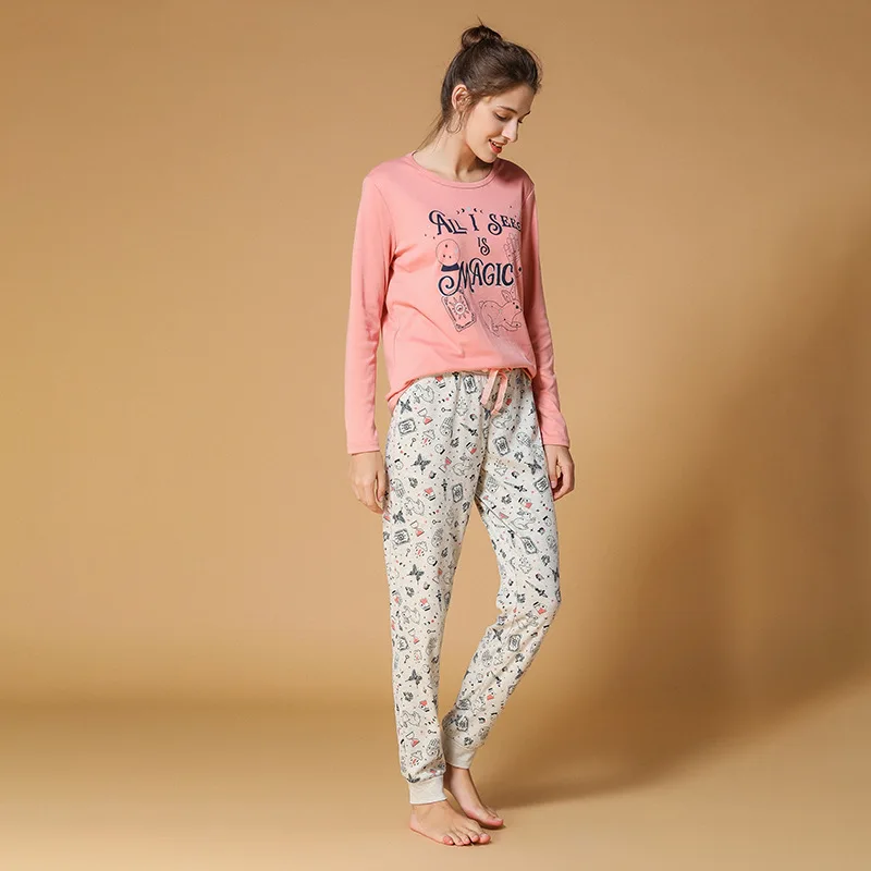 Новая весенне-осенняя Пижама свободный костюм для отдыха брюки с длинными рукавами Домашняя одежда для сна с мультяшным принтом Большие размеры Pj комплект