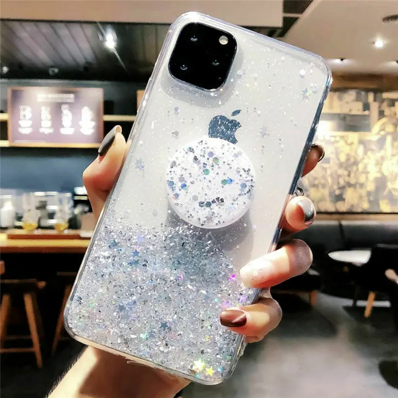 3d Cute Glitter Soft Clean Case For Iphone 12 Pro Max Mini Pro Max Xr X Xs 6s 7 8 Plus Stand Holder Socket Back Cover - Mobile Phone Cases & Covers - AliExpress