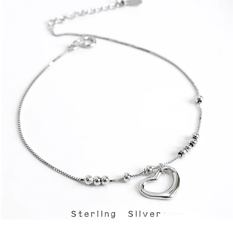 

S925 Fine Silver Heart Anklet Korean-style CHIC Cool Elegant Girl'S Peach Heart Beach Foot Ornaments Versatile Simple Accessorie