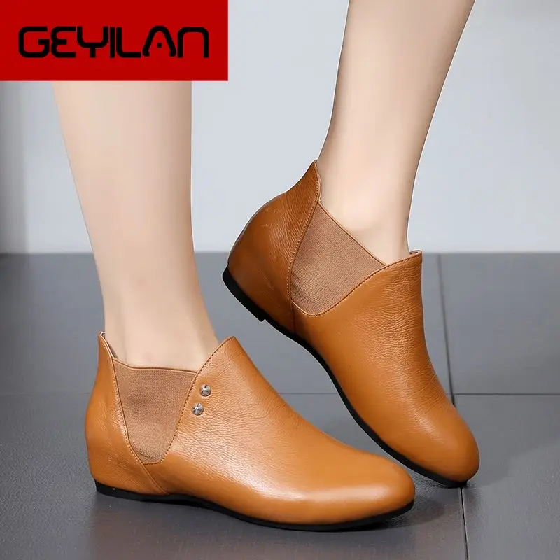 

2019 New Genuine Leather Flat Heels Women Single Shoes Women's Casual Boots Female Flats Height Increasing Boots