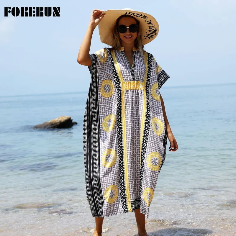 

FORERUN Bohemian Printed Kaftan Women Summer Beach Dress Long Bathing Suit Cover Ups Beachwear Pareos De Playa Mujer