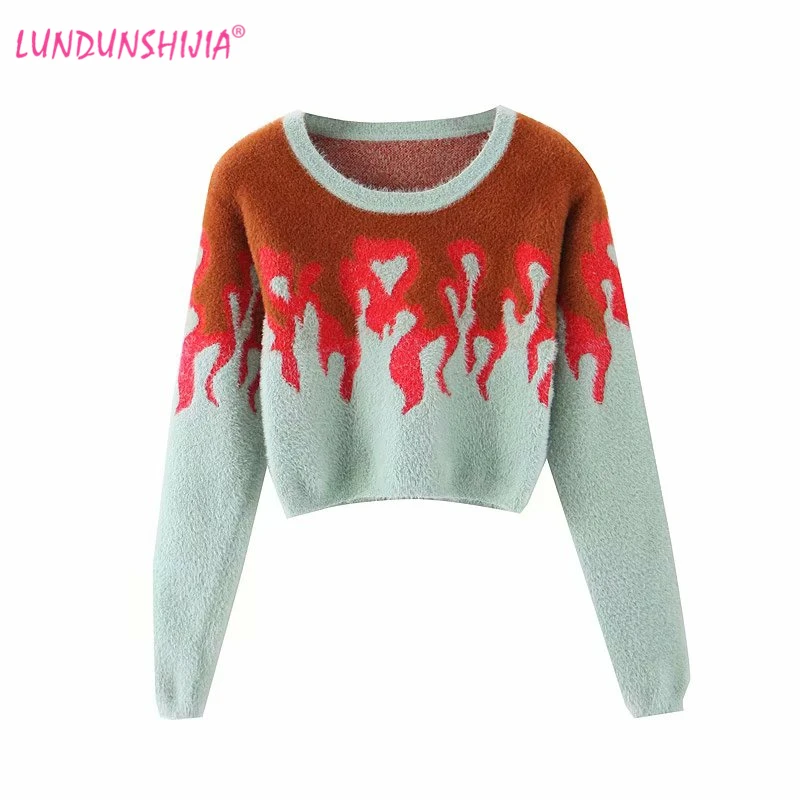 LUNDUNSHIJIA Women Sweaters Vintage Flame Faux Marten Hair Knitting Pullovers 2019 Autumn Long Sleeve Short Slim Female Sweater | Женская