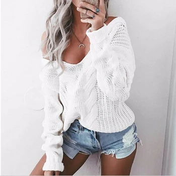 

Autumn Winter Women Off Shoulder Sweatershirts Casual Loose Sexy Deep V Neck Long Sleeve Knitting Pullovers Twist Knitted Tops