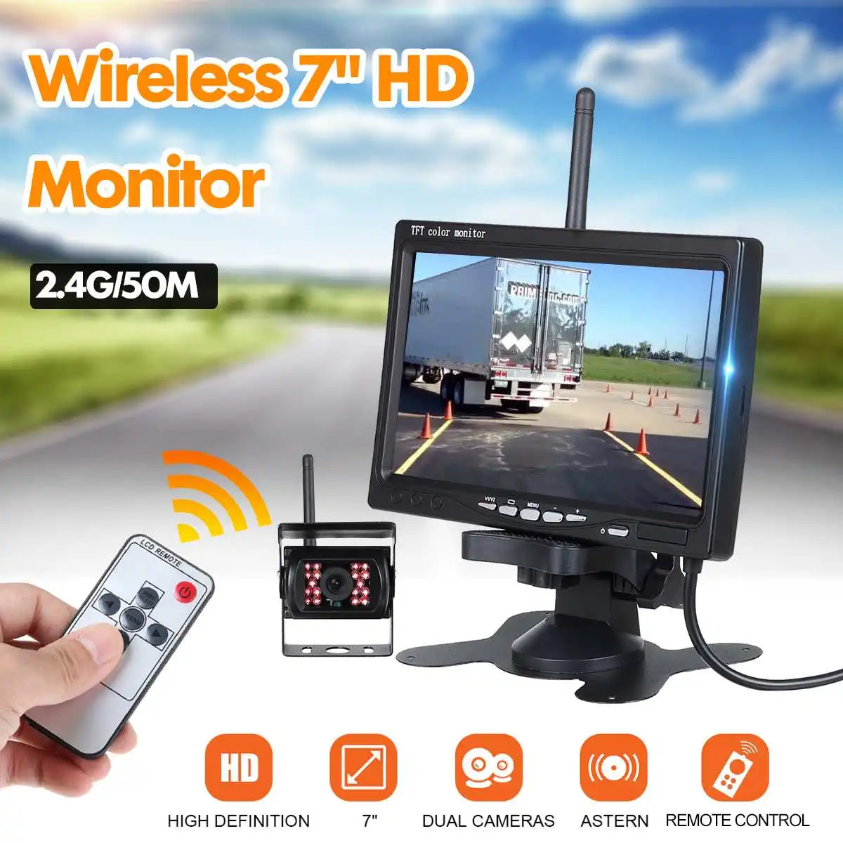 

4Pcs Reversing Camera Wireless 7" HD Monitor Car Parking Reverse Camera IR LED Rear View Truck Bus Van Monitor Reversing Backup