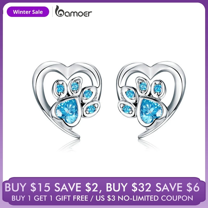 

bamoer Blue Crystal Paw Stud Earrings for Girl Heart Shape CZ Footprint Ear Studs Jewelry Women 2019 New Design Bijoux SCE654