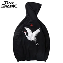Мужская толстовка с капюшоном в стиле хип-хоп, толстовка с вышитым журавлем, японская толстовка с капюшоном, уличная осенняя одежда из хлопка, пуловер в стиле Харадзюку, ретро одежда