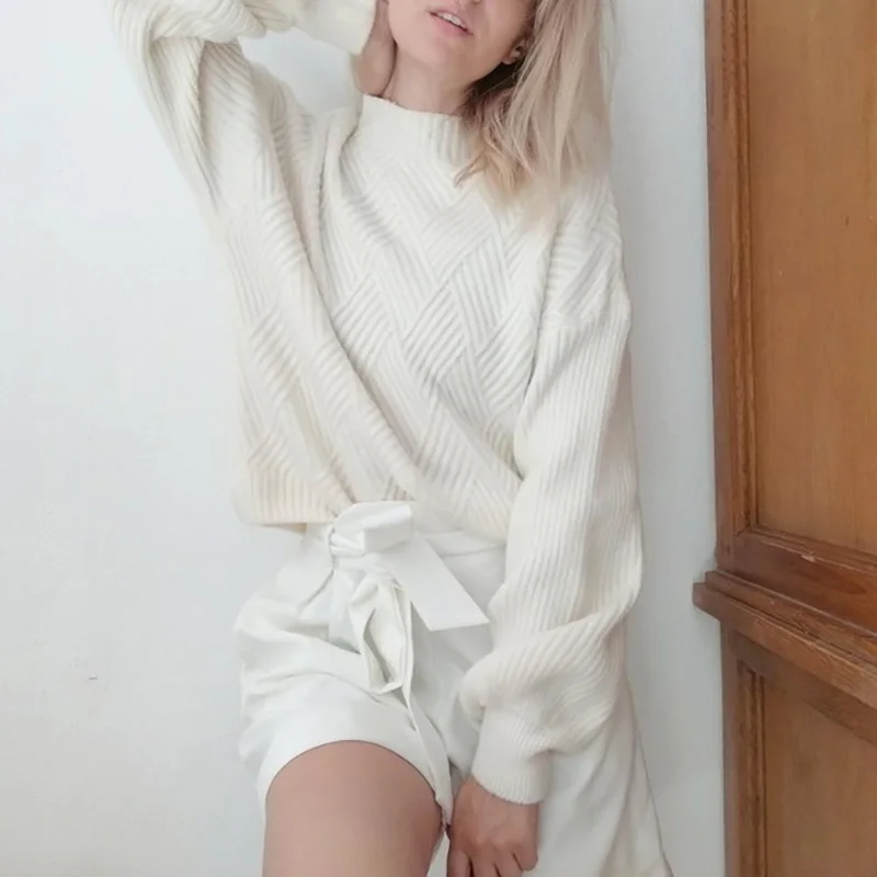 Hirsionsan Pull Femme 2019 Winter Autumn Oversized Knitted Cashmere Sweater Women Lantern Sleeve Diamond Basic Thicken Pullovers