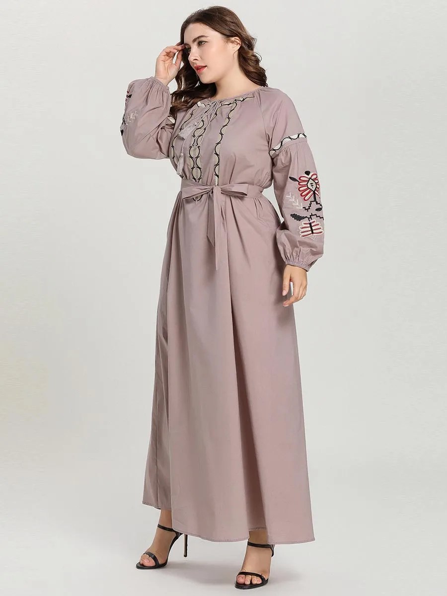 BNSQ Plus Size Abaya Muslim Dress Fashion Large Women Embroidery Tie Puff Long Muslim Casual Maxi Caftan Pakistani Turkey